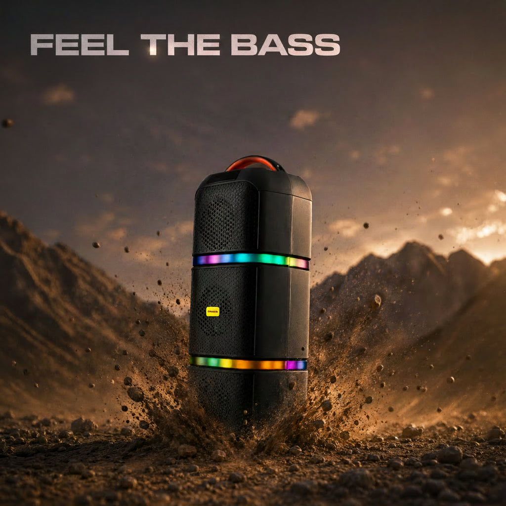 A black portable speaker with colorful LED light bands stands in a rocky desert landscape, with large text reading 'DYNAMIC Sound Power' in the upper left.