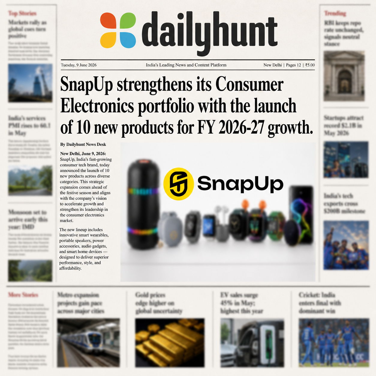 Dailyhunt newspaper page with SnapUp advertisement and product images
