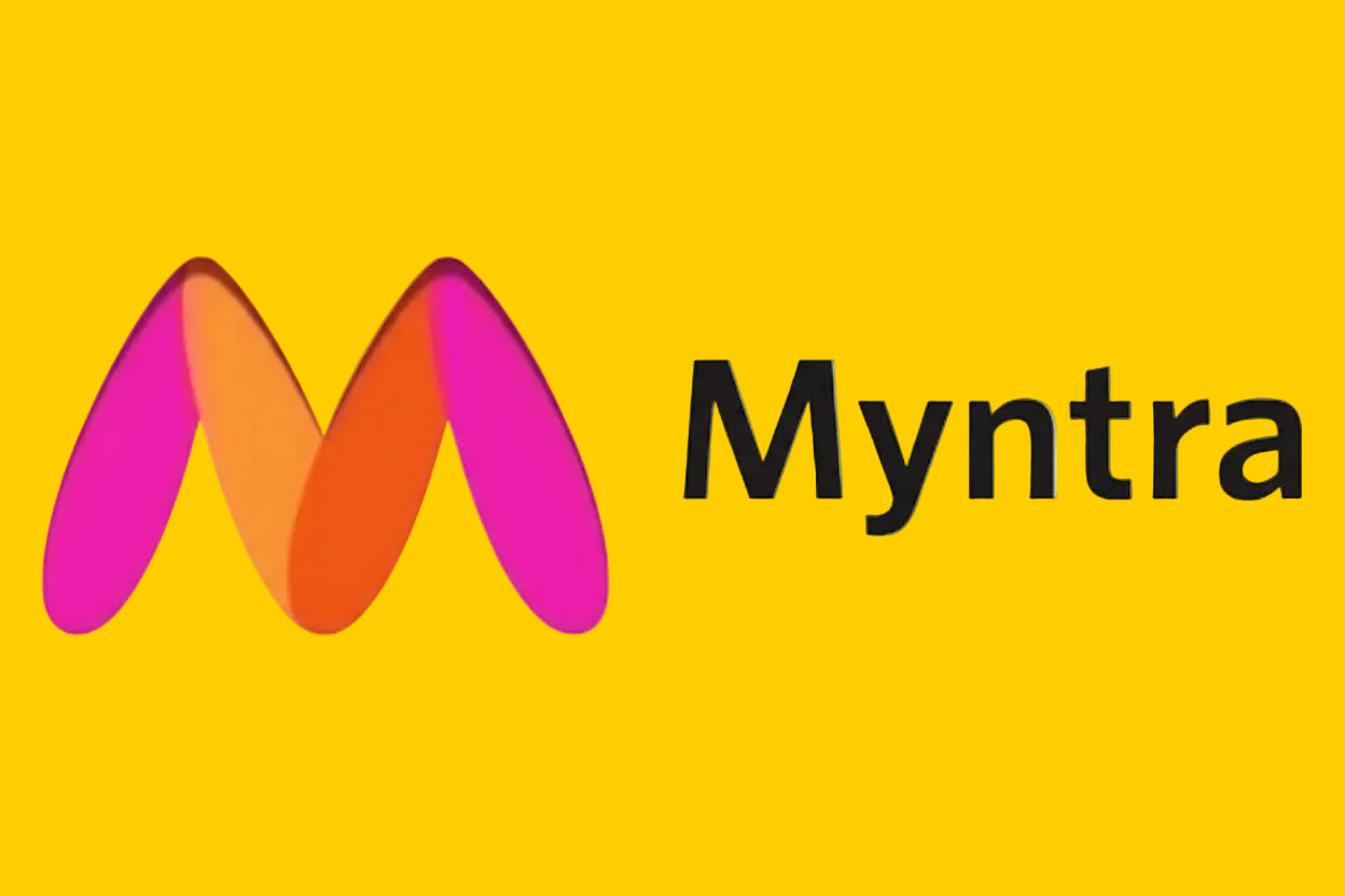 The Myntra logo, featuring a stylized orange and pink 'M' on the left and the brand name 'Myntra' in black text on the right, set against a transparent checkered background.