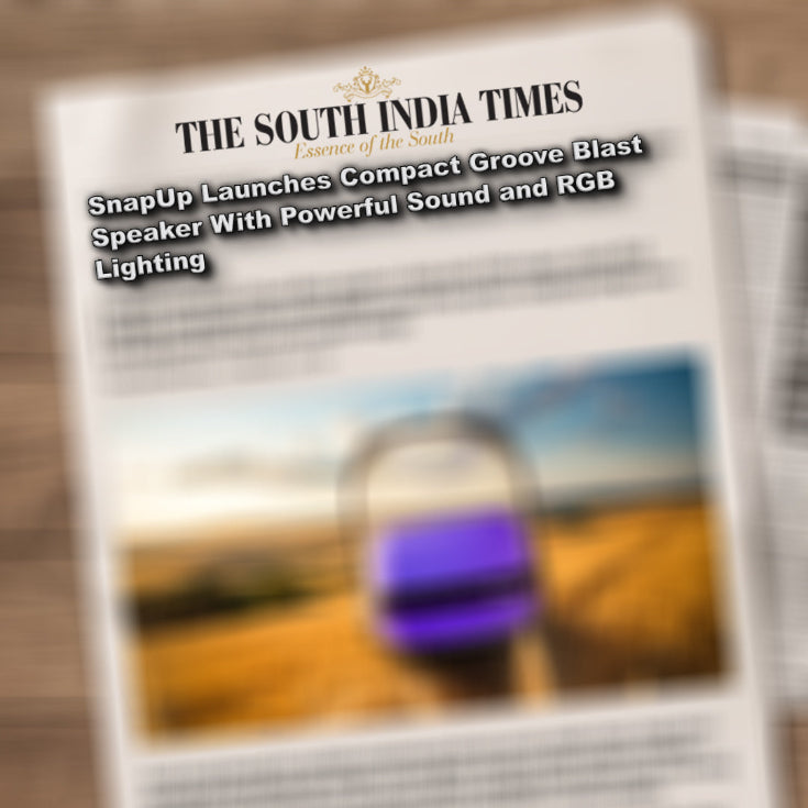 Blurred newspaper article with text and a product image on a wooden surface