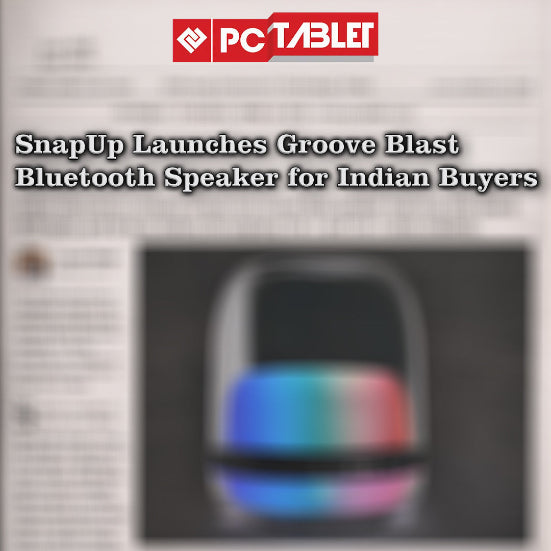 Newspaper article about SnapUp launching Groove Blast Bluetooth Speaker with a colorful speaker image.