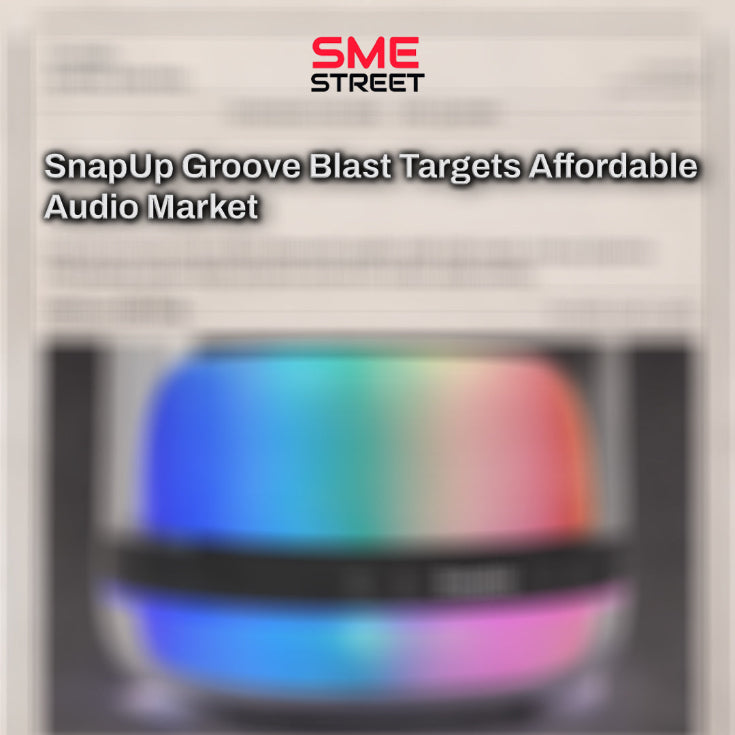 Colorful object with text about SnapUp Groove Blast targeting the affordable audio market
