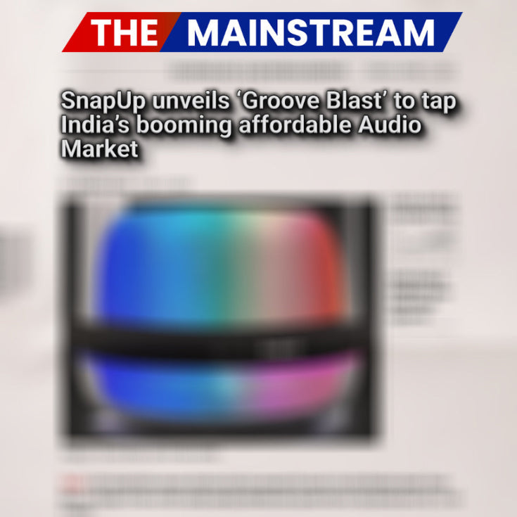 News article about SnapUp unveiling 'Groove Blast' to tap into India's affordable audio market, with a colorful TV screen graphic.