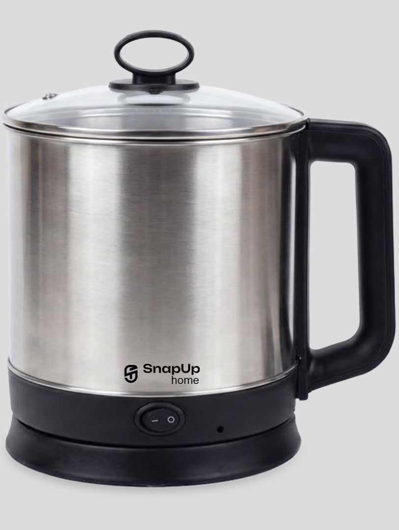 A stainless steel electric kettle or tea maker with a black handle, black base, and clear glass lid, shown on a light gray background. The brand 'SnapUp home' is printed on the front.