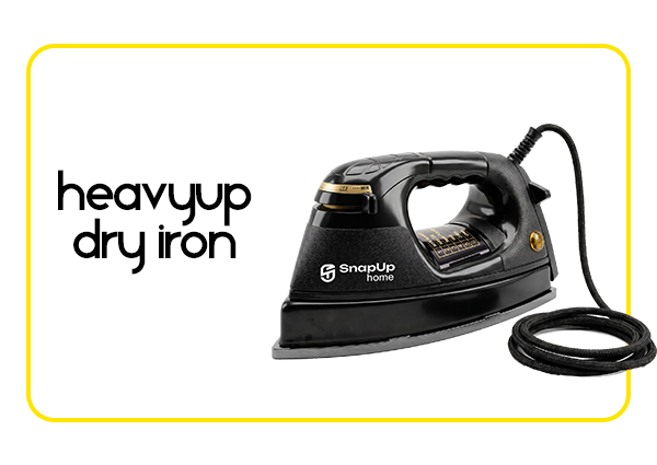 A black SnapUp Home heavy-duty dry iron with gold accents and a black power cord, displayed on a white background with a yellow border and the text 'heavy up dry iron' on the left.