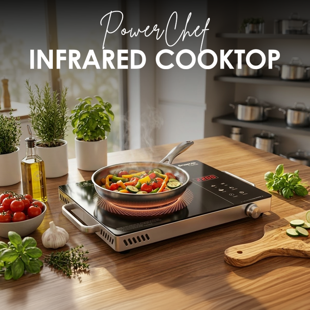 PowerChef infrared cooktop with pan of vegetables on a wooden countertop