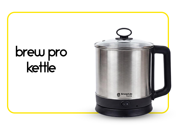 A stainless steel electric kettle with a black handle and base, shown on a white background with a yellow border and the text 'brew pro kettle' on the left.
