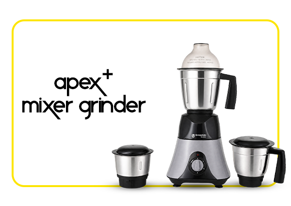 Apex+ Mixer Grinder in silver and black with a stainless steel jar, shown alongside two smaller jars on a white background with a yellow border and the Apex+ logo.