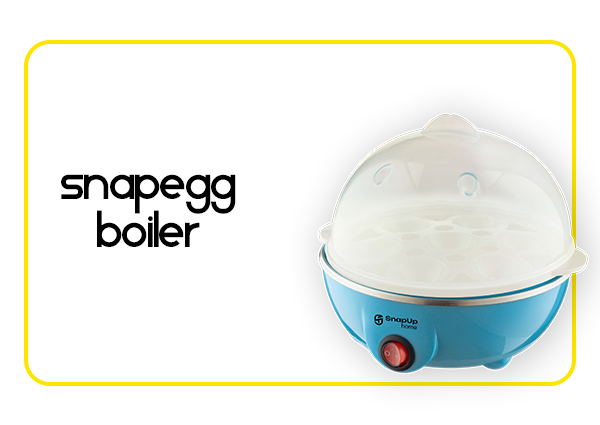 A blue Snapegg Boiler with a clear plastic lid and a red power switch, displayed on a white background with a yellow border and the text 'snapegg boiler' on the left.
