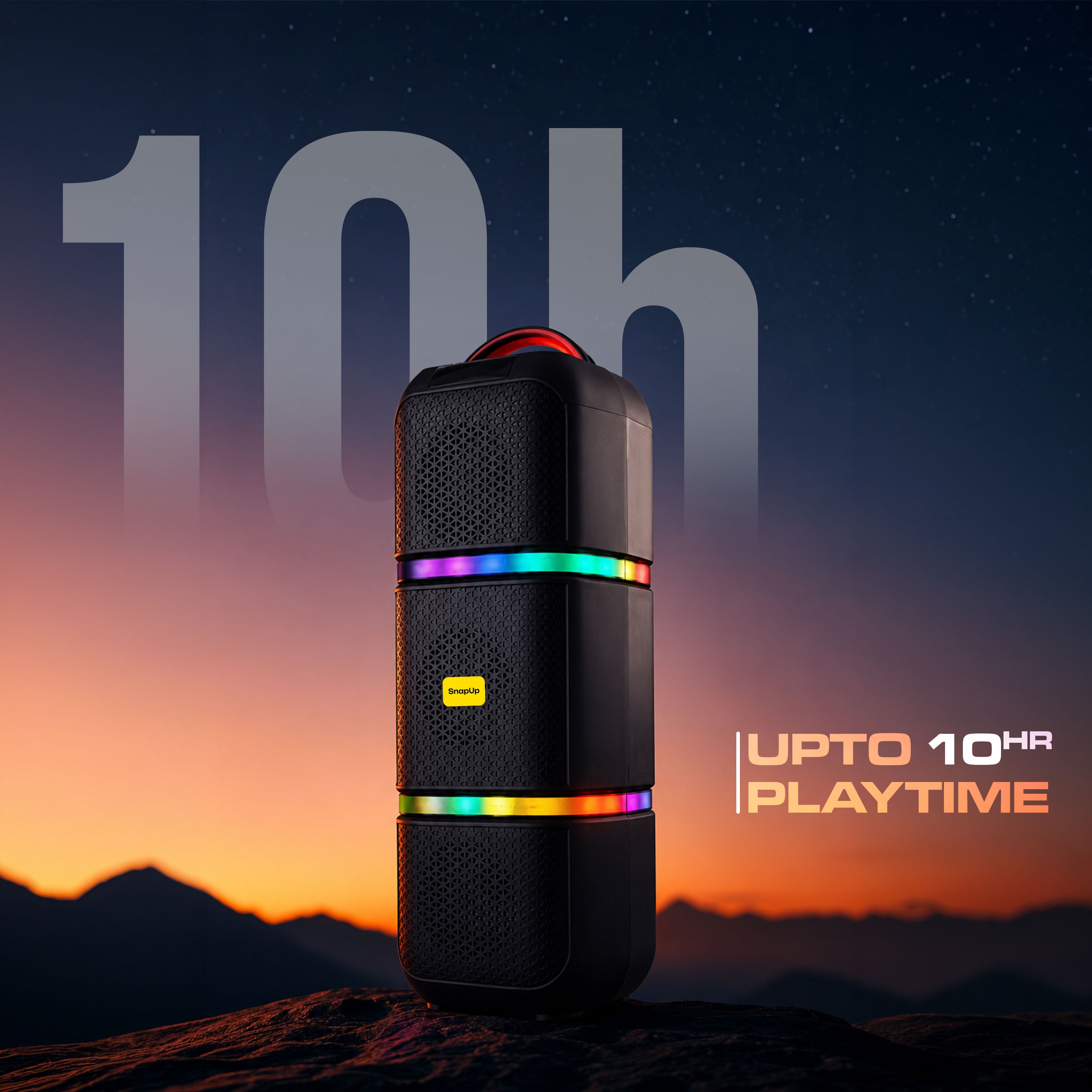 A black portable Bluetooth speaker with colorful LED light bands stands on a rocky surface against a sunset mountain backdrop. Large text reads '10h' and 'UPTO 10HR PLAYTIME'.