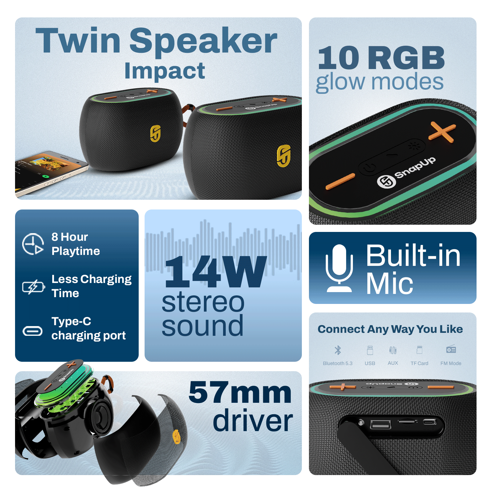 A promotional infographic for the SnapUp twin speaker, showing the black speaker unit with green and orange LED accents, alongside feature callouts including 'Twin Speaker Impact', '10 RGB glow modes', '8 Hour Playtime', '14W stereo sound', 'Built-in Mic', 'Connect Any Way You Like', and '57mm driver'.