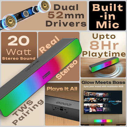 SnapUp Boom Flash_ RGB Bluetooth Speaker, Maximum Bass, high Quality Audio, Premium Sound. Speaker under 1000. Made In India. 20Watt Sound