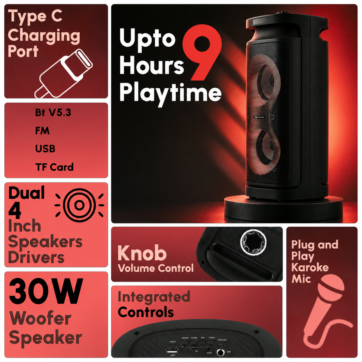 A promotional collage for a black cylindrical woofers speaker on a red and black background. The main product photo shows the speaker on a round base with two visible drivers.