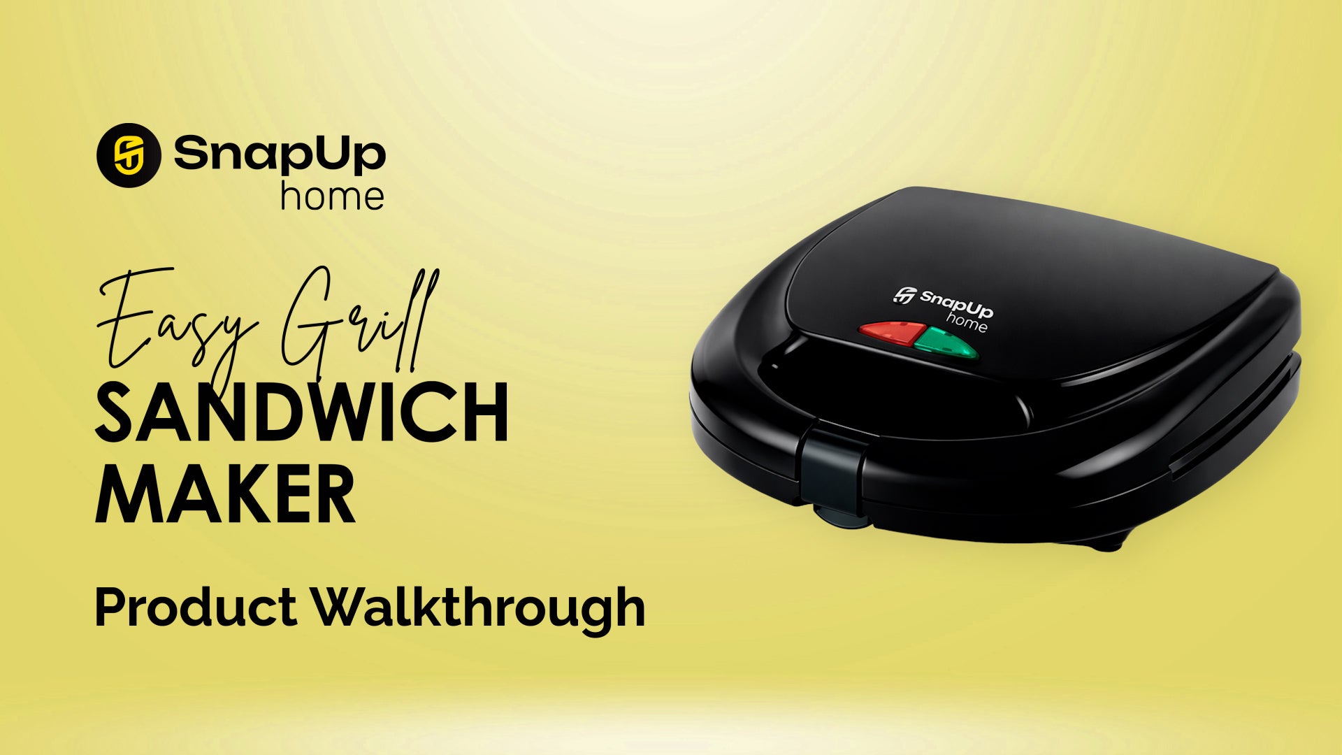 Load video: Product walkthrough video of the SnapUp EasyGrill Sandwich Maker showing its sleek black design, dual indicator lights, and non-stick grill plates in action.