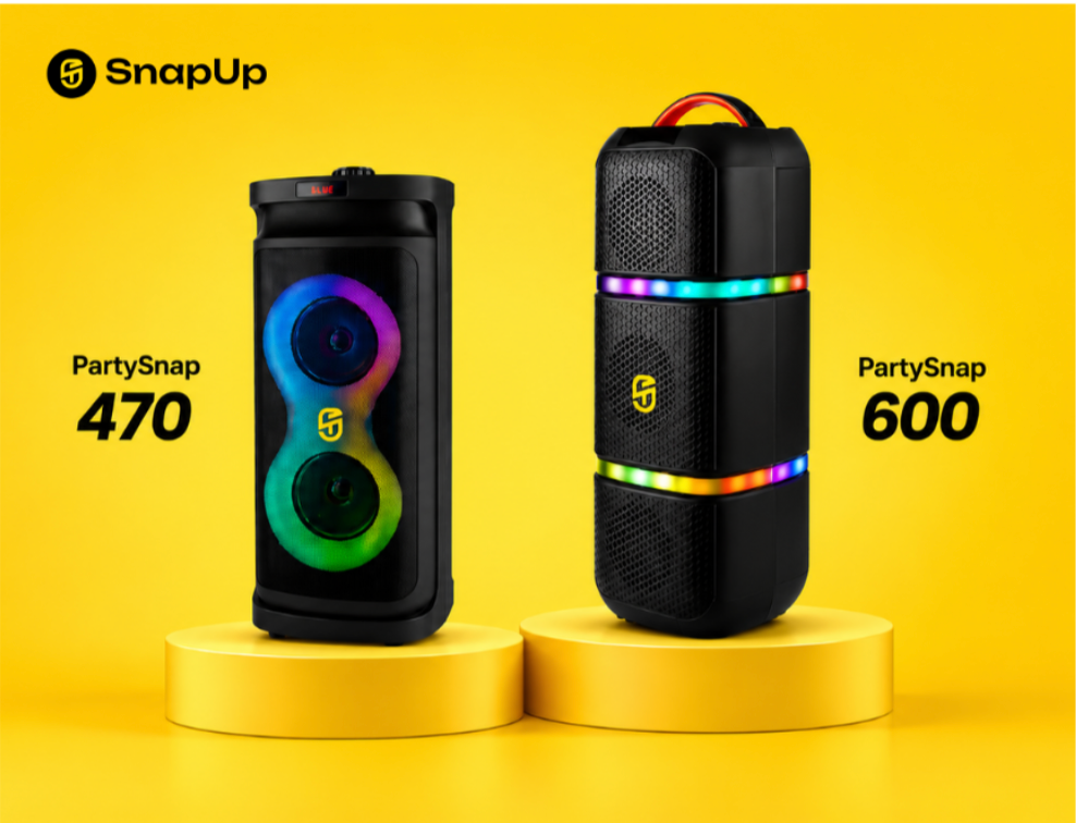 Two black SnapUp PartySnap portable speakers on yellow pedestals against a yellow background, with SnapUp branding and model prices PartySnap 470 and PartySnap 600 shown.