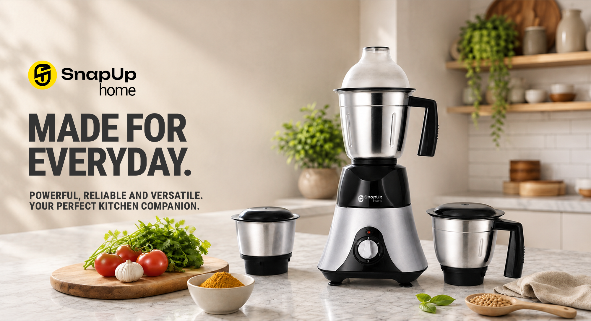 A SnapUp home blender set displayed on a kitchen countertop with vegetables, spices, and a blurred kitchen background. The set includes a main silver and black blender jar with a clear lid, two smaller matching jars, and marketing text on the left.