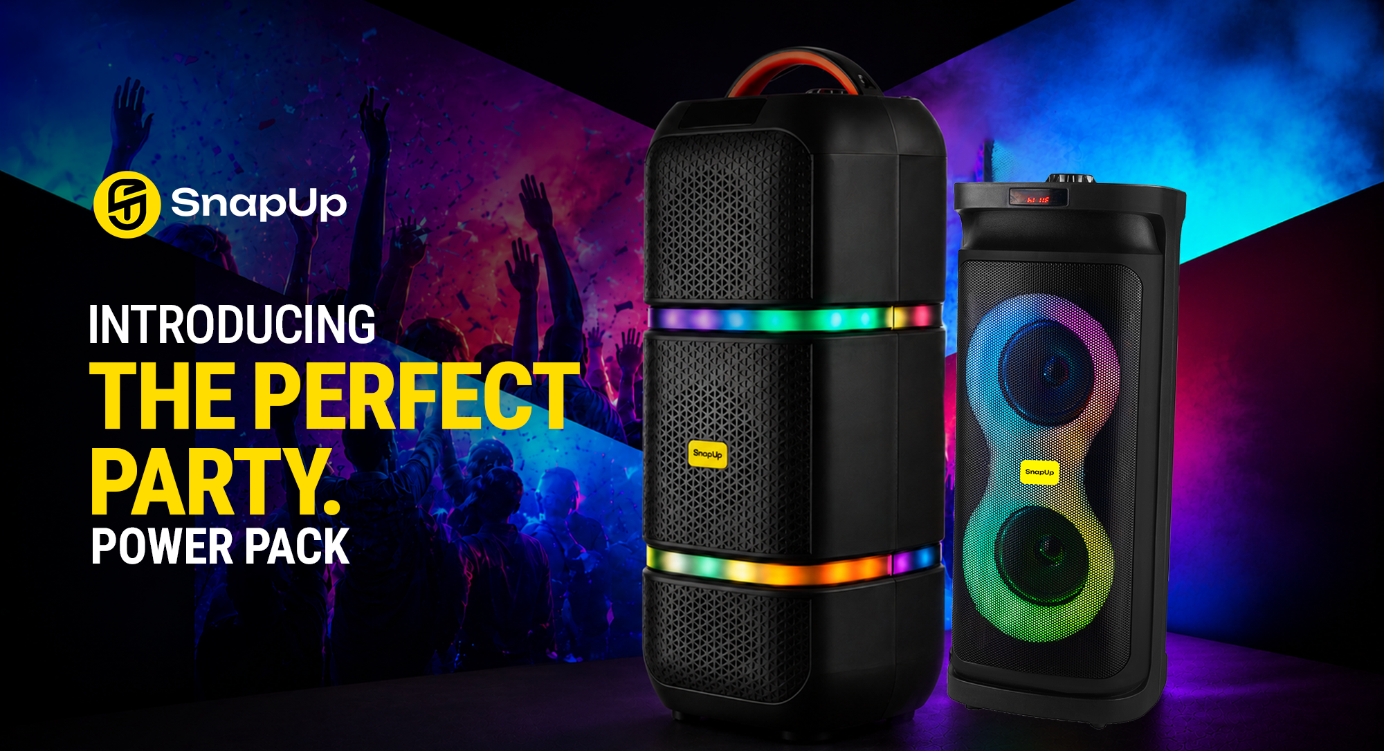 Two SnapUp portable speakers shown in a party-themed promotional graphic. The left speaker is tall and black with rainbow LED light bands, and the right speaker is shorter and wider with a matching rainbow ring around its circular speaker grille.