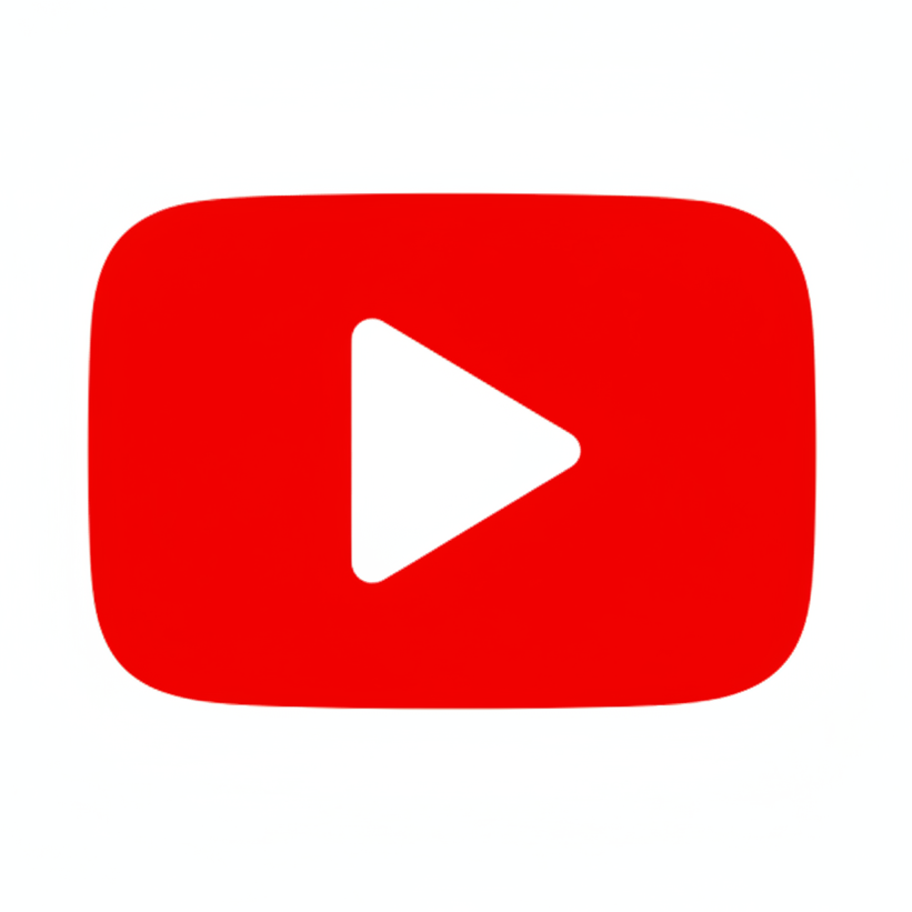 Red square with a white play button in the center on a white background